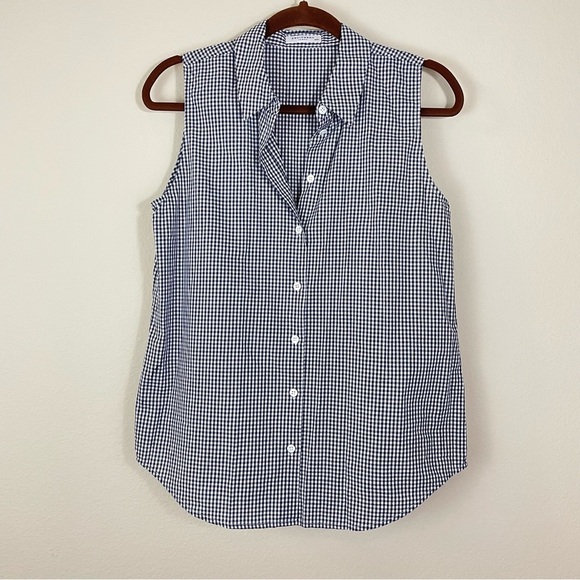 Equipment Navy Gingham Plaid Classic Sleeveless Cotton Button Up Shirt Medium - Picture 1 of 6